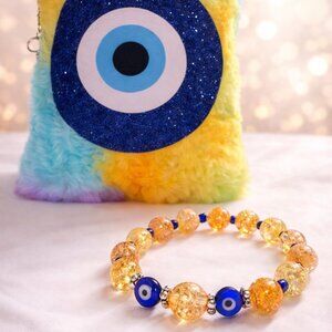 Evil Eye Bracelet Set with Plush Keychain – Protection Bracelet, Gold Crackle